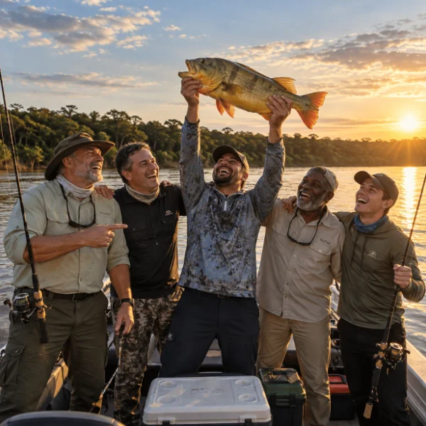 Grupo de pescadores comemorando a pesca de um grande peixe